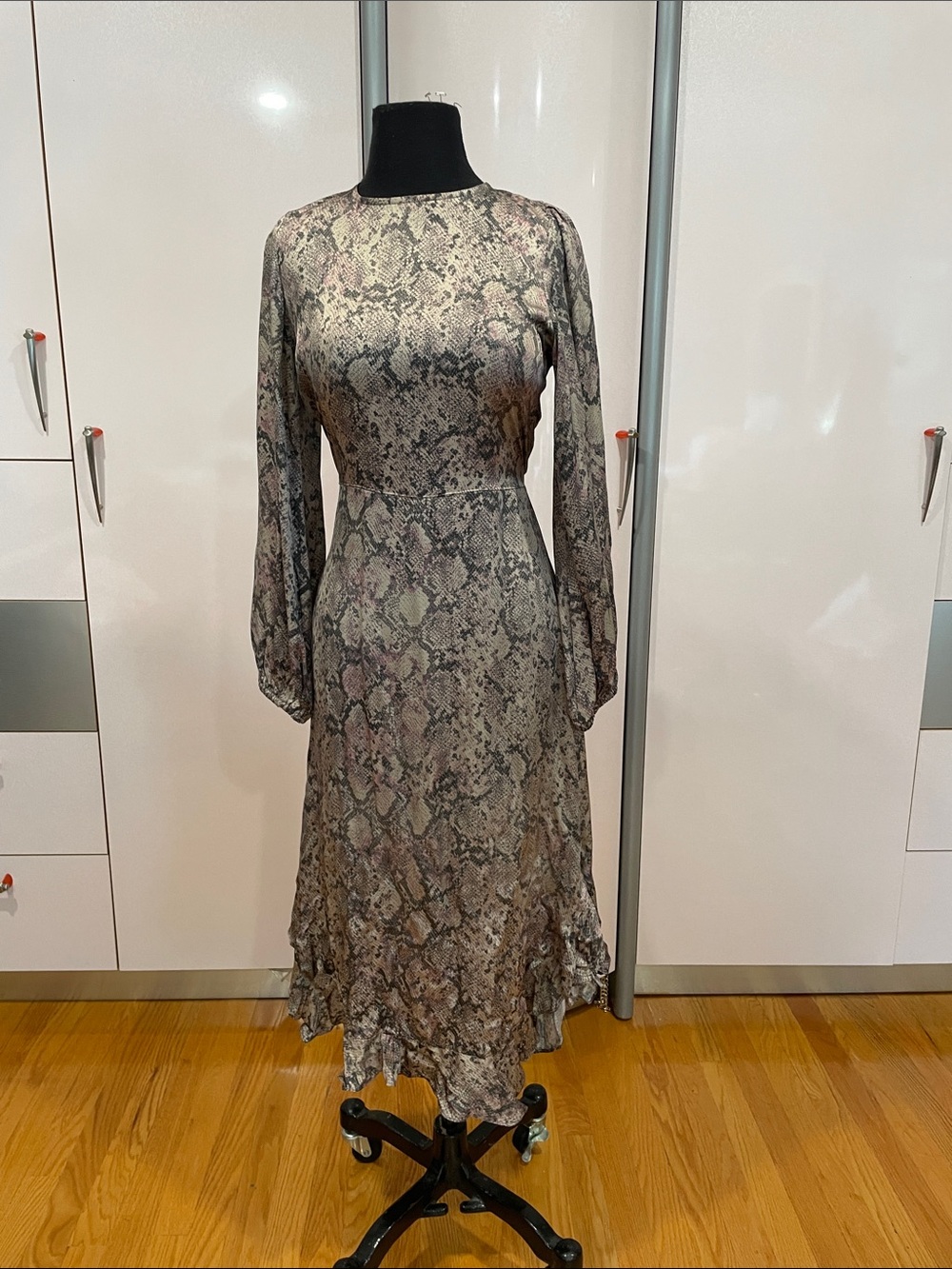 Olivaceous Taupe Snake-Print Asymmetrical Midi Dress